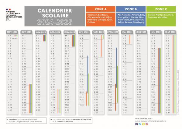 Calendrier scolaire 2024 2025